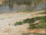 an image of a painting of a river with trees in the background