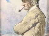 painting of a man smoking a pipe in a field with a peace sign in the background
