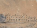 dessin représentant un dessin d'un bâtiment devant lequel se trouve un cheval