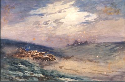peinture représentant un tableau représentant un troupeau de moutons dans le désert