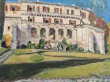une peinture à l'huile représentant un grand bâtiment avec une fontaine devant