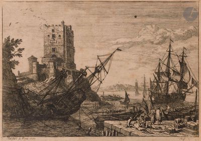 Adrien Manglard (1695-1760) Le Port de mer à la tour carrée.