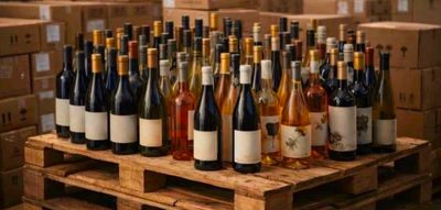 many bottles of wine sitting on a pallet in a warehouse