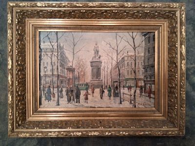 peinture d'une scène de rue en ville avec des personnes marchant dans la rue