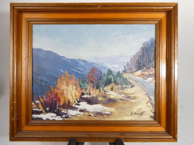 peinture à l'huile d'une scène de montagne dans un cadre en bois