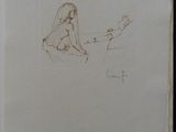 dessin représentant une femme assise par terre, la main posée sur ses genoux