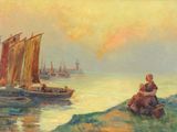 tableau représentant un couple assis sur un rocher au bord de l'eau
