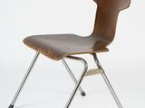 an image of a wooden chair with metal legs and a wooden seat
