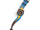 a close up of a watch on a white surface