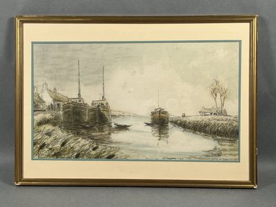tableau représentant une scène fluviale avec un bateau au premier plan et une maison de l'autre côté