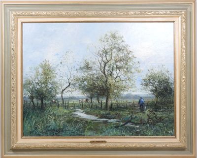 une peinture à l'huile représentant un homme dans un champ, avec des arbres et un ruisseau