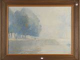 une image représentant un tableau montrant des arbres dans un champ au bord de l'eau