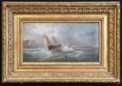 un tableau représentant un bateau sur une mer agitée, avec un homme au premier plan
