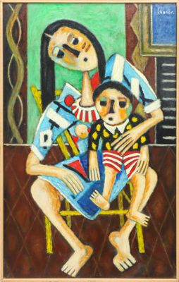 painting of a woman and child sitting on a chair in front of a window