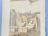 a picture of a drawing of a room with clothes hanging on the wall