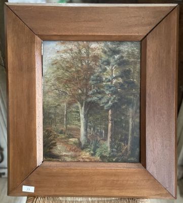 peinture à l'huile d'une scène de forêt avec un chemin au premier plan