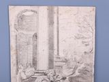 an old drawing of a woman sitting on a couch in front of a fireplace