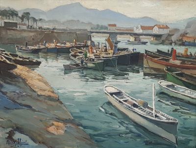 painting of boats in a harbor with a bridge in the background