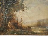 une image représentant un tableau représentant un paysage boisé avec une rivière au premier plan