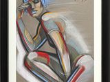 tableau représentant une femme assise sur une planche de surf, aux cheveux bleus
