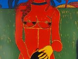 une image d'un tableau représentant une femme en robe rouge