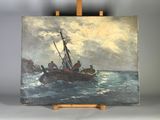 une peinture à l'huile représentant un bateau au milieu d'un plan d'eau