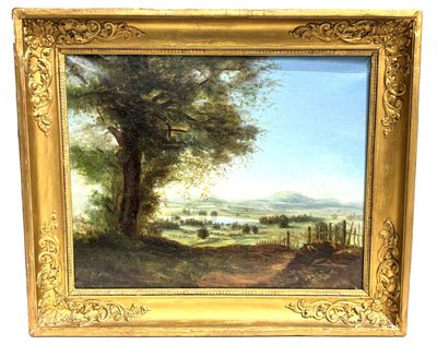 an oil painting of a landscape with a tree in the foreground