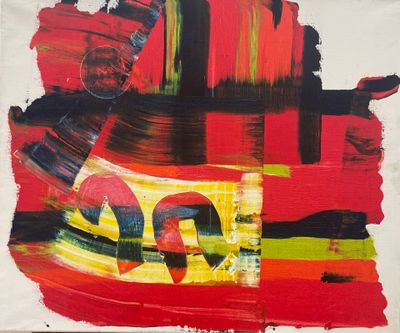 peinture abstraite composée de rouge, de jaune et de noir sur fond blanc