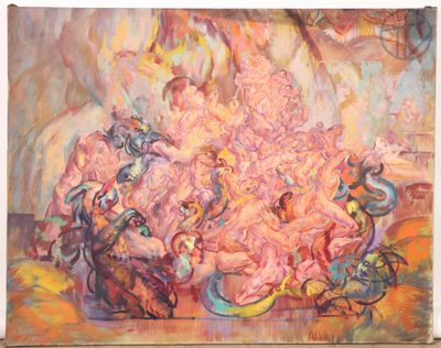 painting of a large group of people in a room with a large painting on the wall