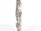 an image of a close up of a silver saxophone on a white background