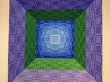 an image of a painting of a blue and green square in a room