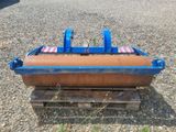 a close up of a blue and brown roller mower on a wooden pallet