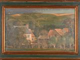an oil painting of a farm scene with a house in the foreground