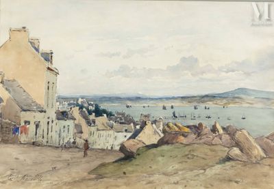 une aquarelle représentant une vue d'un port