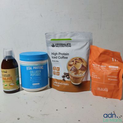 a bag of coffee, a bag of protein, and a bottle of coffee