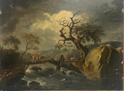 tableau représentant une scène fluviale avec des personnages traversant un pont près d'un arbre