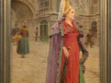 an image of a painting of a woman in a red dress in a courtyard