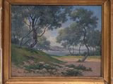 une peinture à l'huile représentant un paysage avec des arbres et une rivière