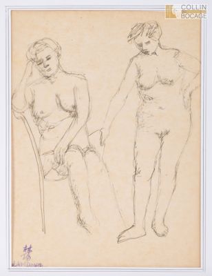 dessin représentant deux nus assis sur une chaise, l'un debout et l'autre debout