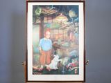 a picture of a painting of a man and a white dog