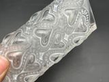a person holding a clear glass with a pattern on it