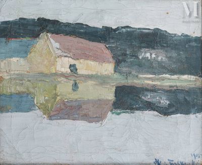 a painting of a house by the water with a boat in the water