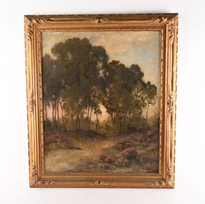 une peinture à l'huile représentant un paysage avec des arbres et un chemin de terre