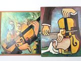 deux tableaux représentant un homme jouant du violon et une femme jouant du violon