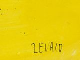 a close up of a yellow plate with writing on it