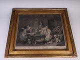 peinture d'un groupe de personnes assises autour d'une table dans une pièce