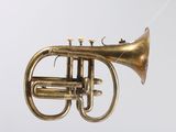 a brass trumpet that is hanging from the ceiling