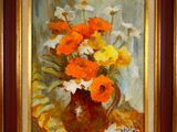 painting of orange and white flowers in a brown vase on a table