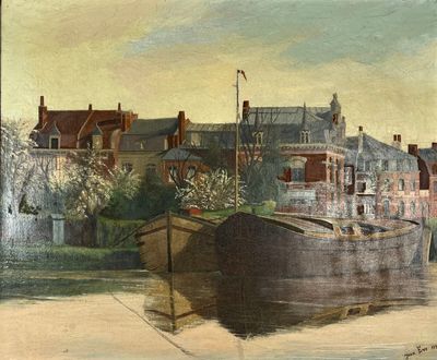 a painting of a boat on the water in front of a building