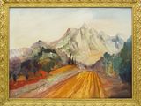 une peinture à l'huile d'un paysage avec une montagne en arrière-plan